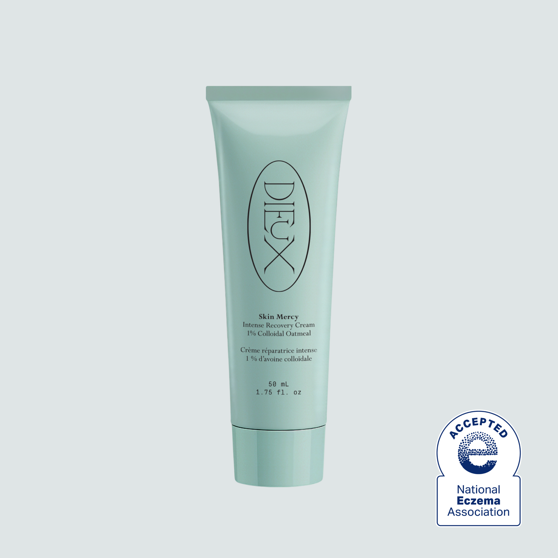 Dieux Skin Mercy Recovery Cream tube with National Eczema Association seal