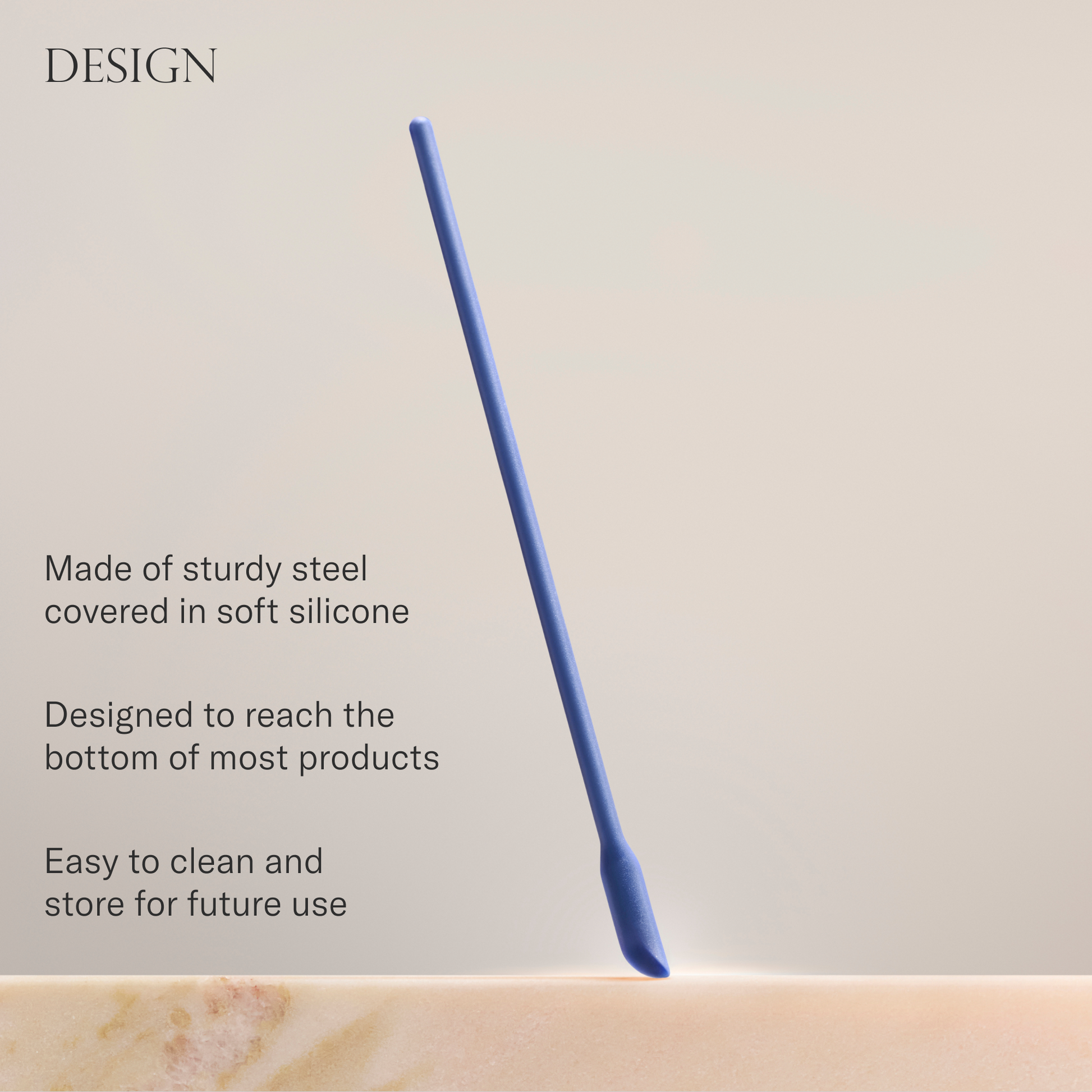 Blue silicone Skincare Scraper on a beige background with text about its design and features