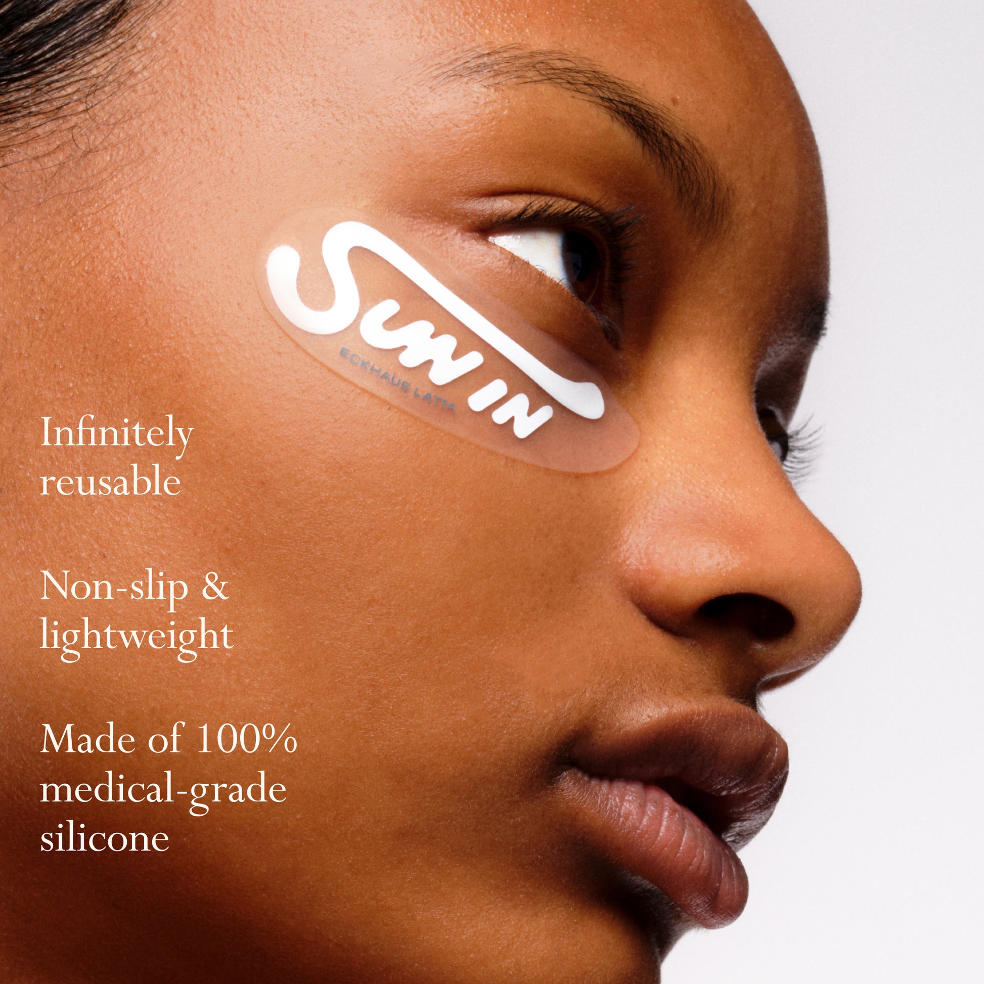 Mode wearing Eckhaus Latta x Dieux Solar Return Forever Eye Mask.
Text:
- Infinitely resuable
- Non-slip & lightweight
- Made of 100% medical grade silicone