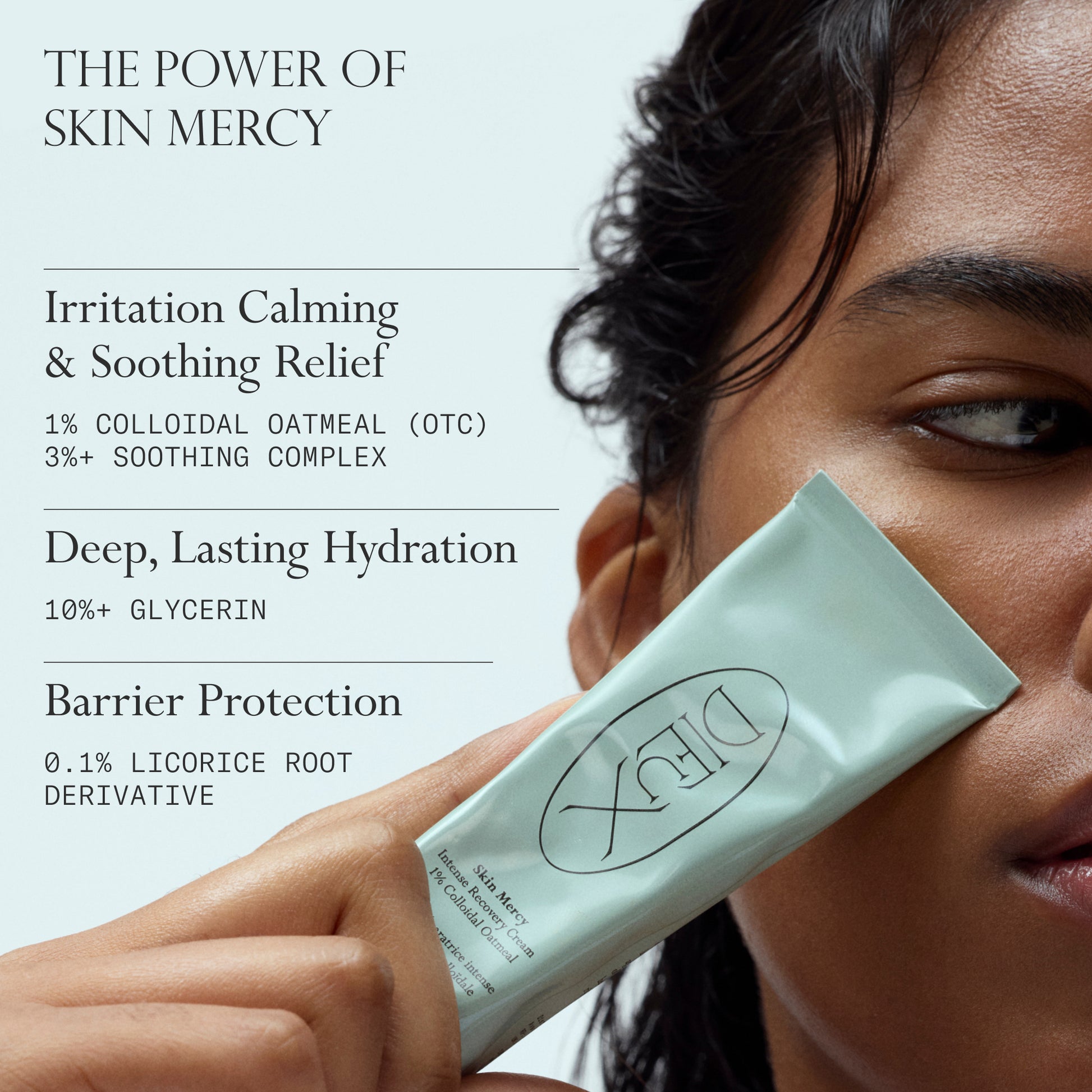 The Power of Skin Mercy benefits graphic with recovery cream tube and model