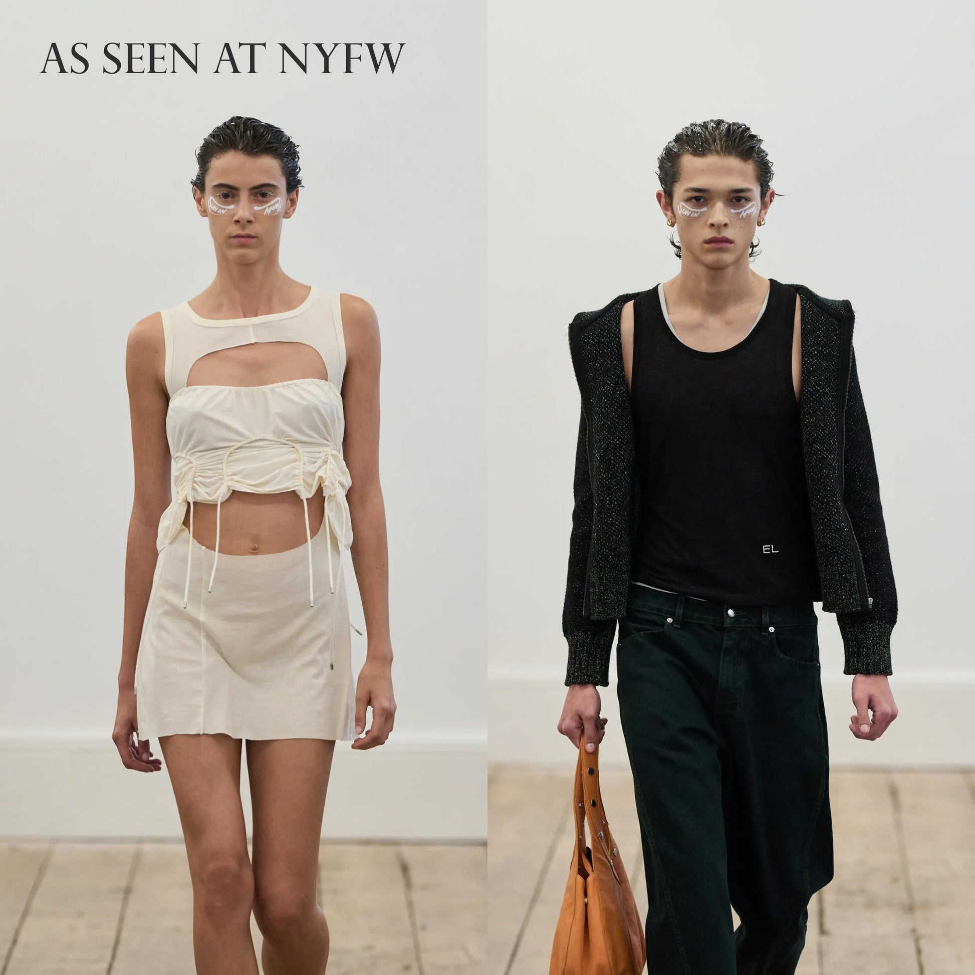 Runway models wearing Eckhaus Latta x Dieux Solar Return Forever Eye Mask
Text: As seen at NYFW