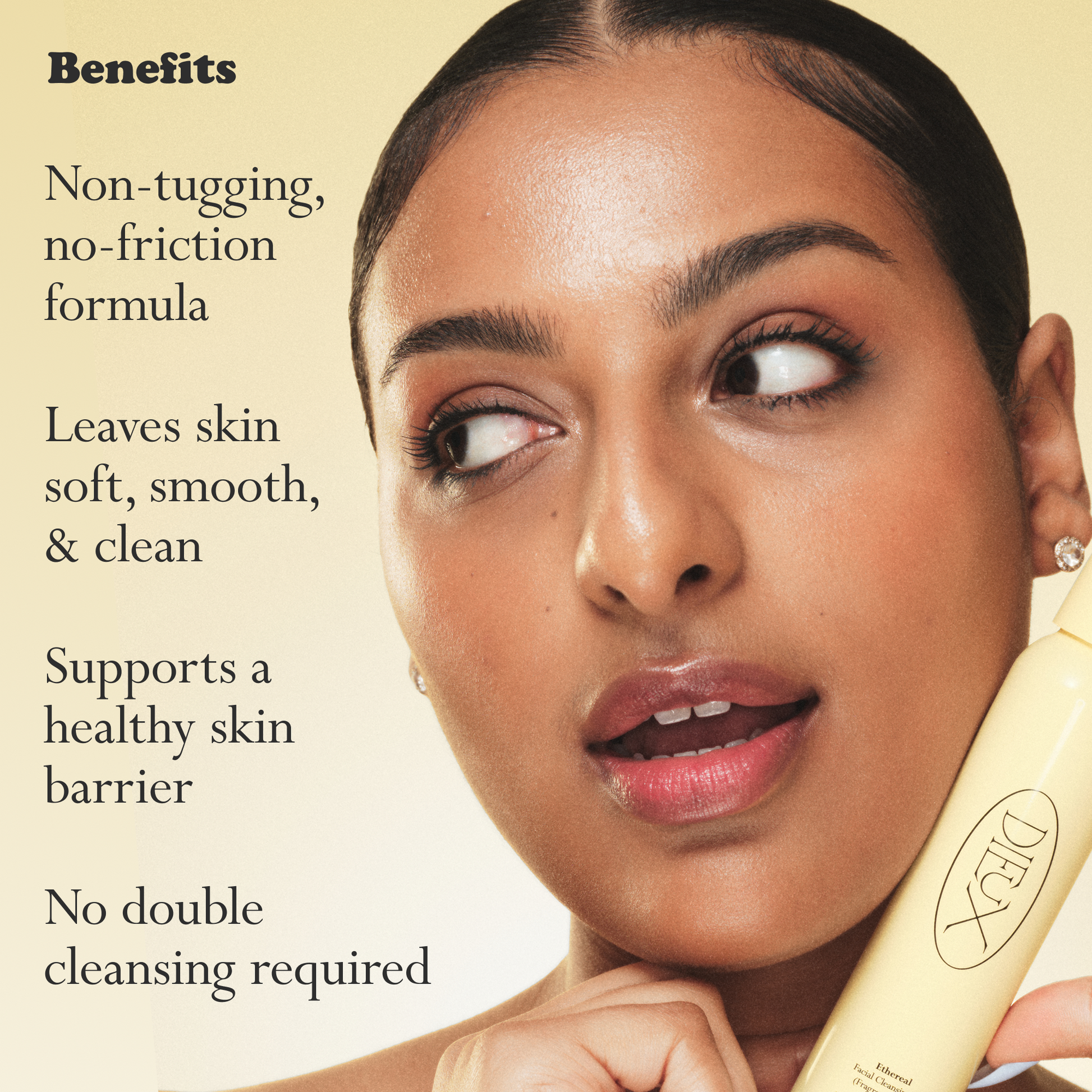 Ethereal benefits graphic with cleansing oil bottle and model