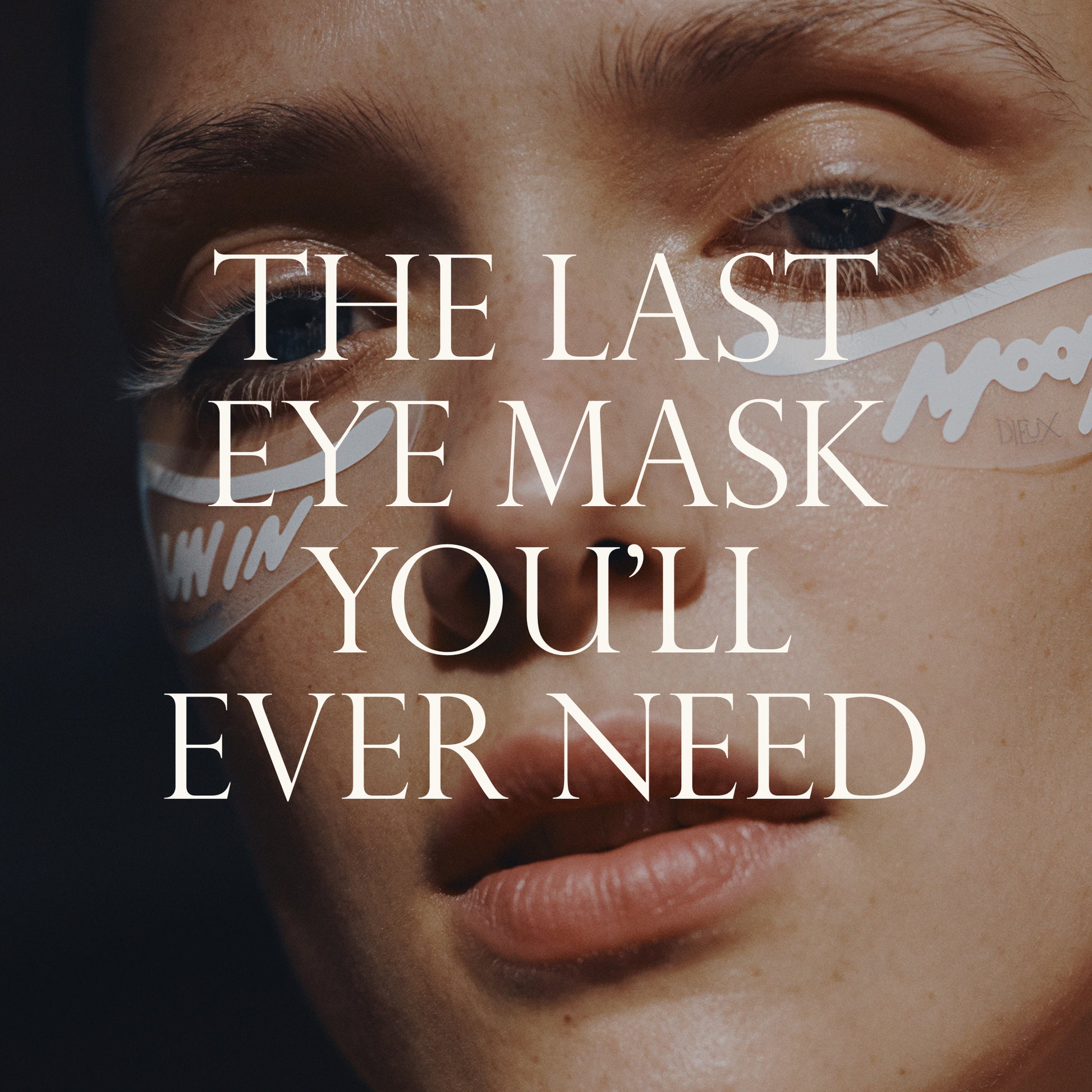 Model wearing Eckhaus Latta x Dieux Solar Return Forever Eye Mask.
Text: The last eye mask you'll ever need