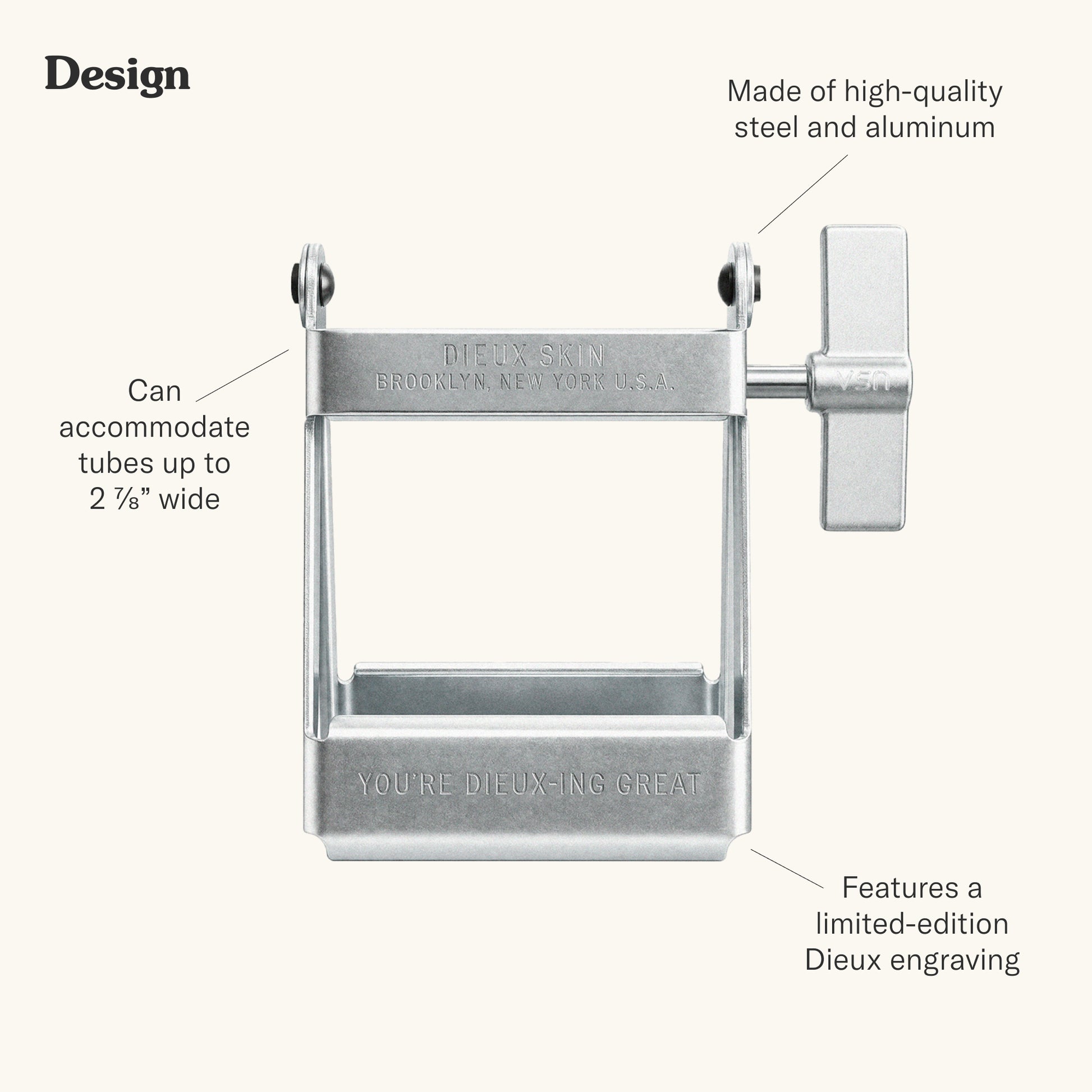 Design. Made of high-quality steel and aluminum. Can accomodate tubes up to 2 7/8" wide. Features a limited-edition engraving