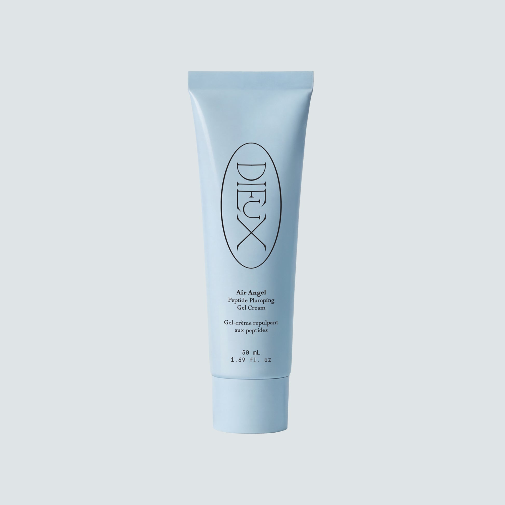 Dieux Air Angel Peptide Plumping Gel Cream 50 ml tube on a pale blue background