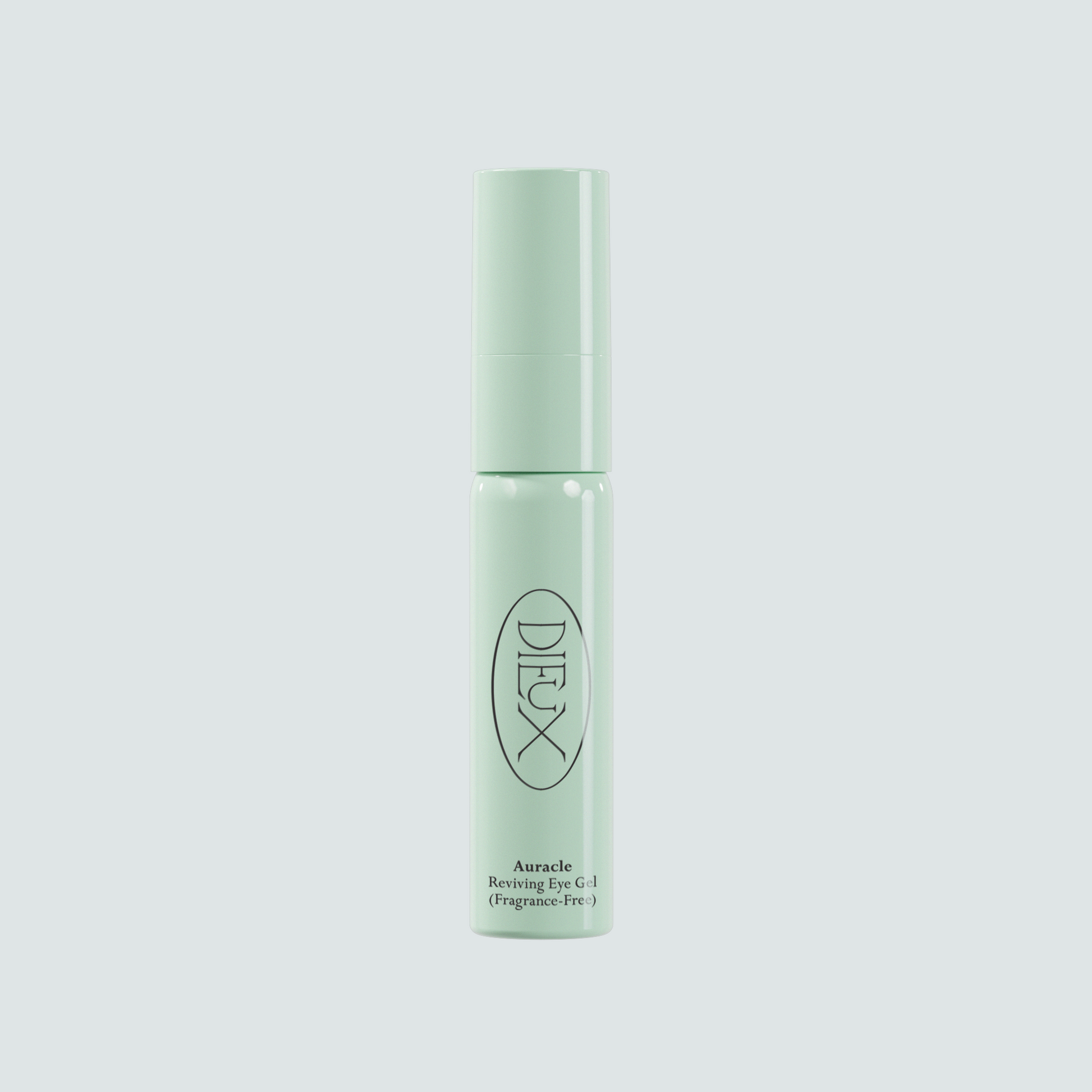 Dieux Auracle Eye Serum bottle on a pale blue background