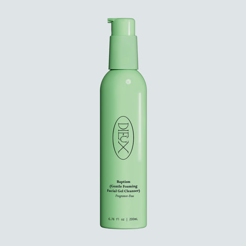 Dieux Baptism Gentle Gel Cleanser bottle on a pale blue background