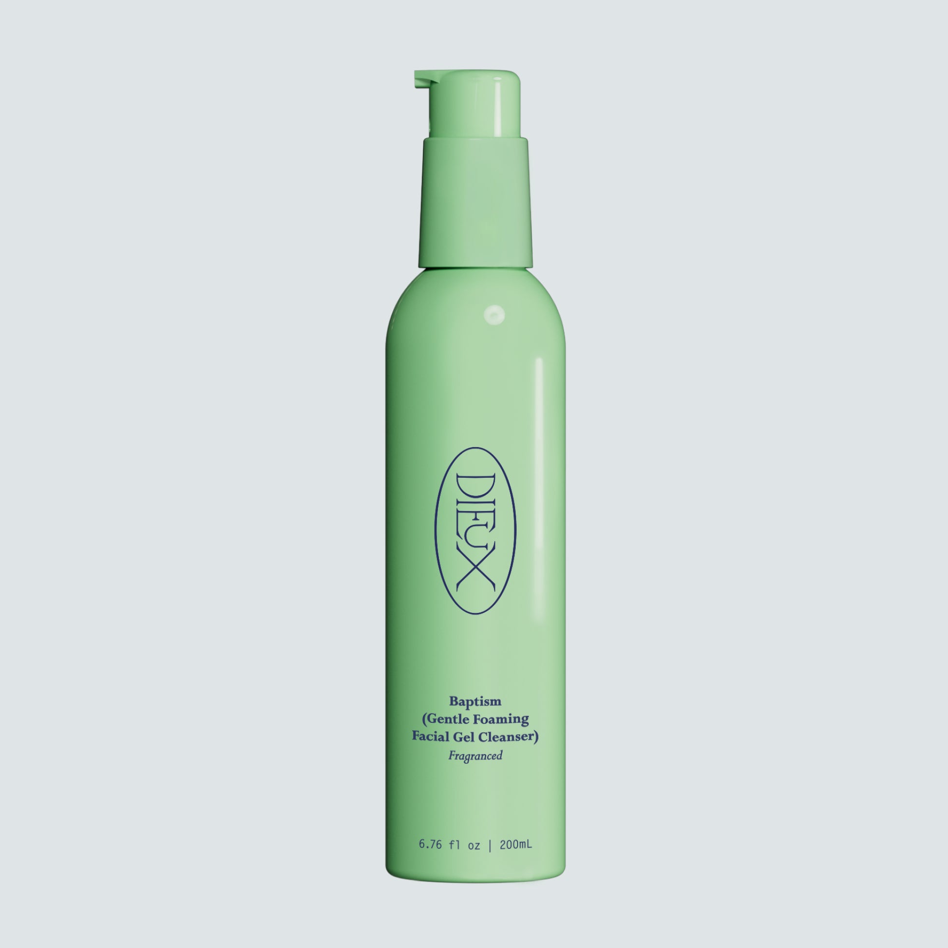 Dieux Baptism Gentle Gel Cleanser fragrance-free bottle on a pale blue background