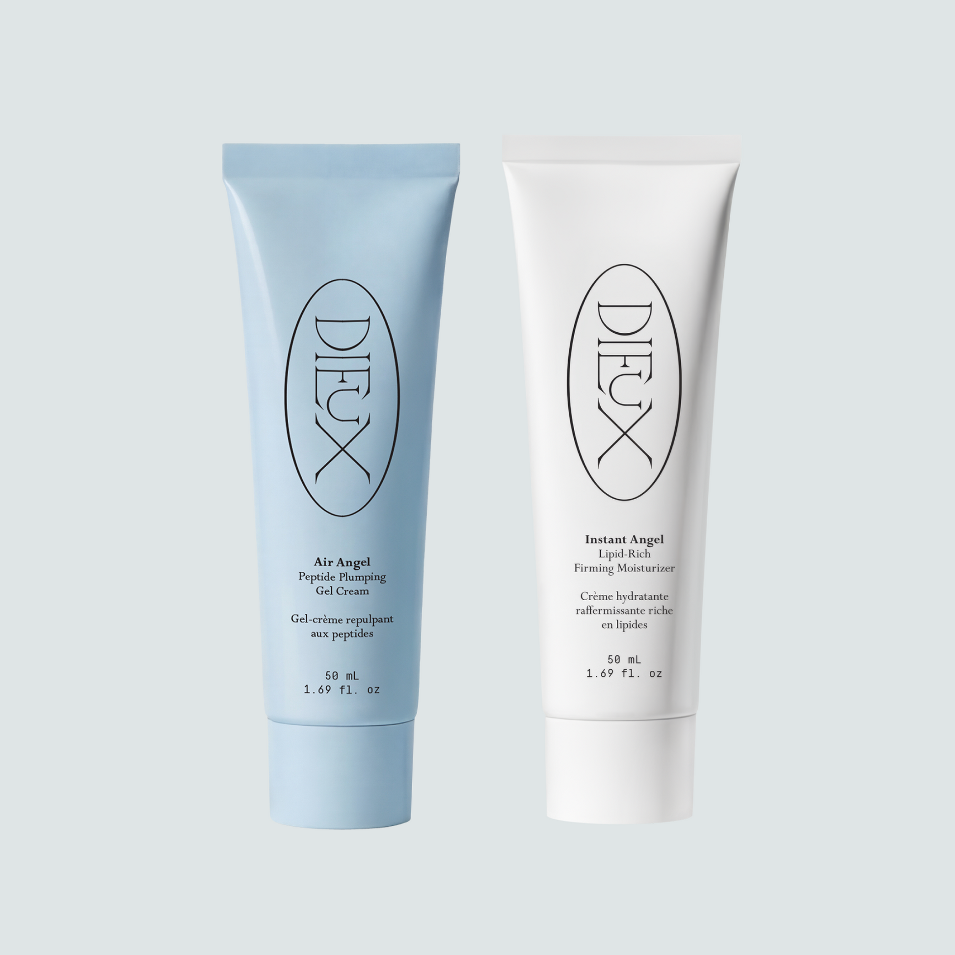 Dieux Air Angel and Instant Angel moisturizer tubes on a pale background