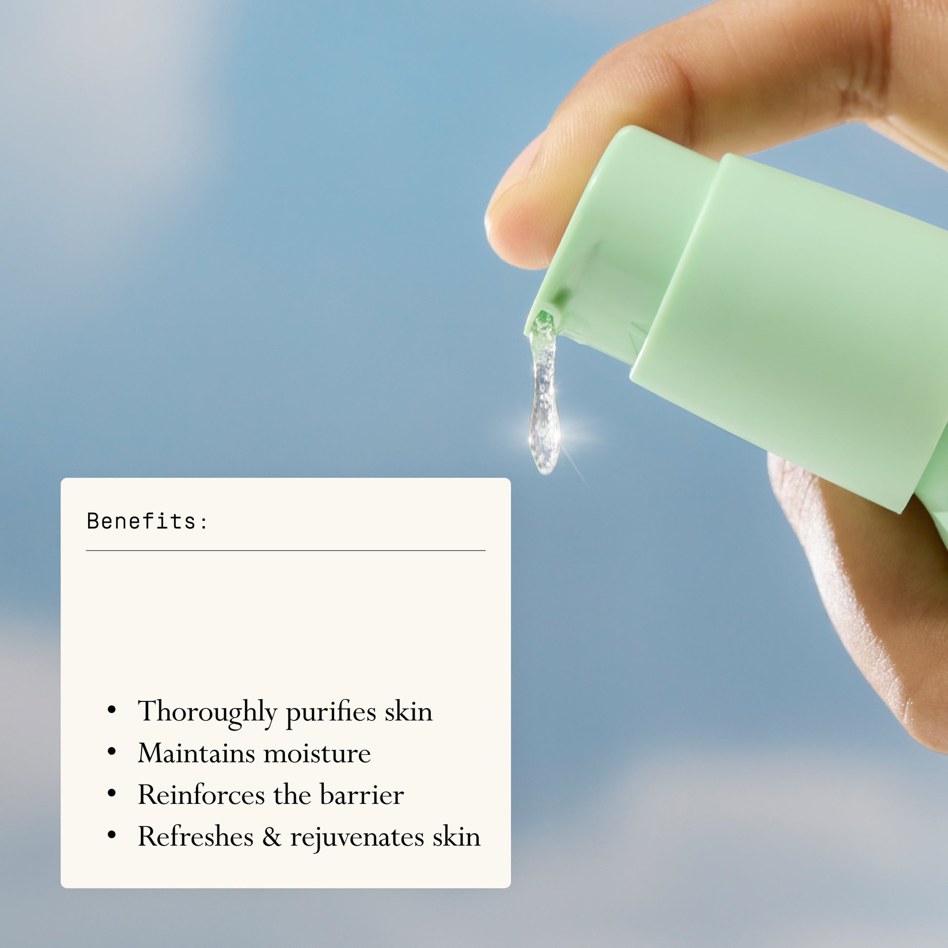 Baptism benefits graphic with cleanser dripping from the bottle