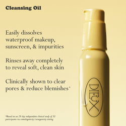 Ethereal Cleansing oil bottle with text on a yellow background, text speaks to the benefits of the product