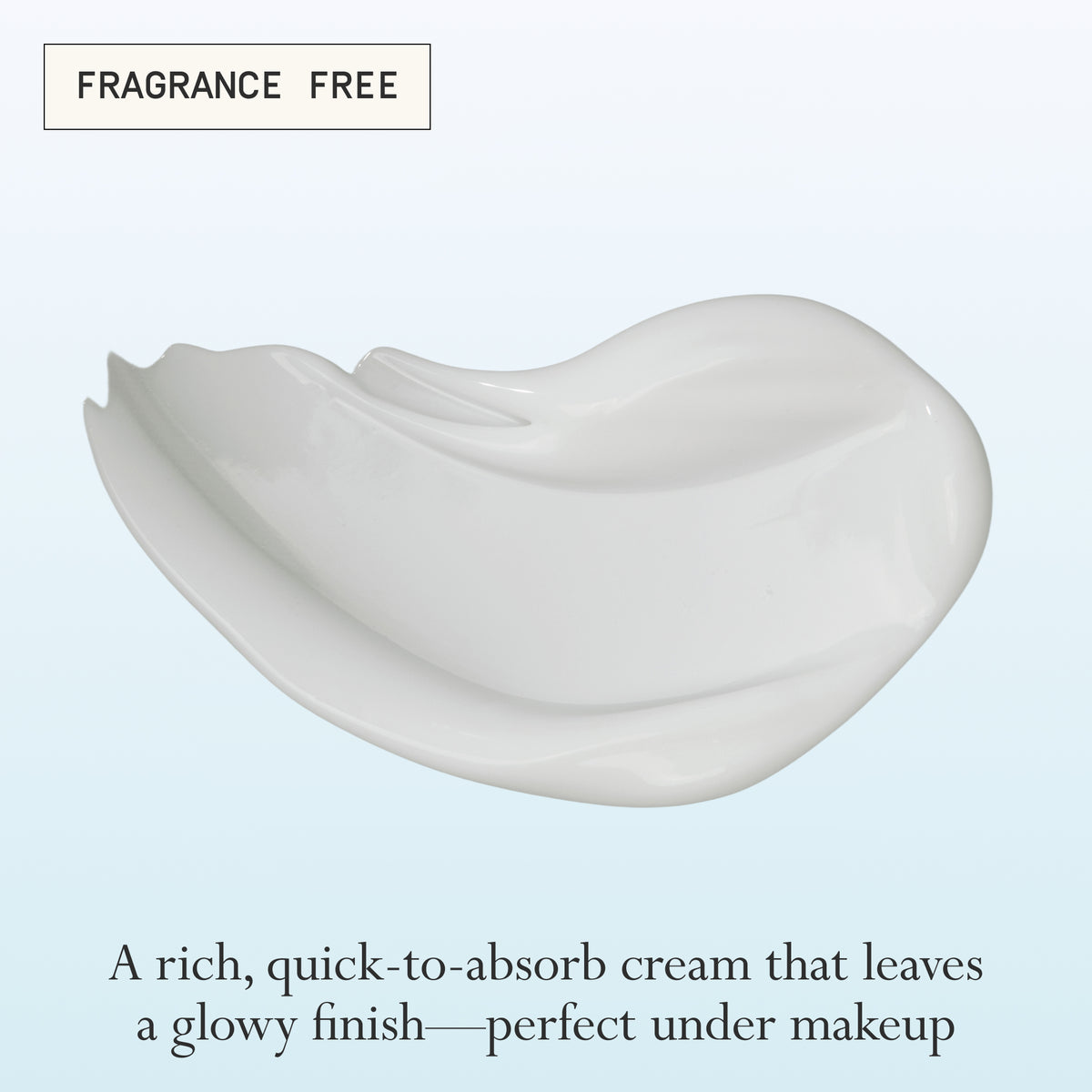 Image: A swatch of Dieux Instant Angel Firming Moisturizer on a light teal gradient background.

Text: Fragrance Free. A rich, quick-to-absorb cream that leaves a glowy finish–perfect under makeup.