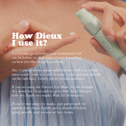 A model holding Auracle.

Text: How Dieux I use it? Eye creams go on before your moisturizer but can be before or after your serums depending on how you like to apply product. Use 1/2 pump to one pump split between both eye orbital areas (under your eyes and on your eyelid, just not directly on the lash line). Gently pat in circular motions. 