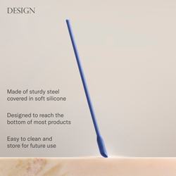 Blue silicone Skincare Scraper on a beige background with text about its design and features