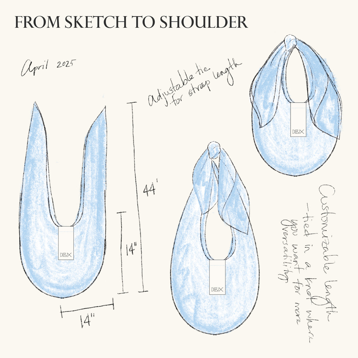From sketch to shoulder.

The sketched artwork for the original concept for The Dieux-It-All Tote. Ideas for adjustable strap length that you can tie in a knot wherever you want for more versatility.