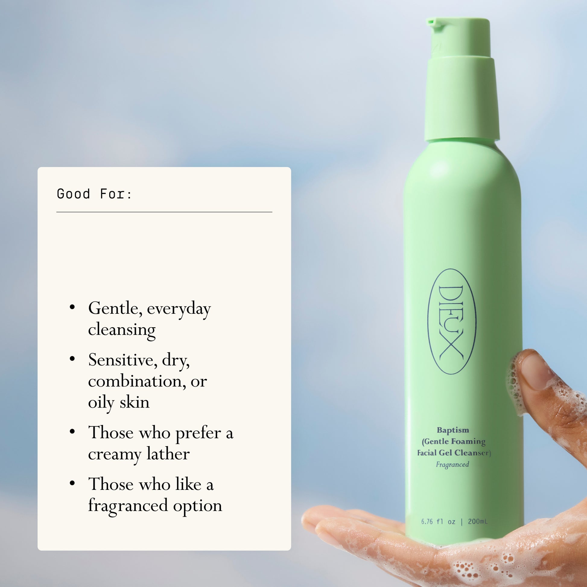 Baptism good-for graphic with cleanser bottle and skin type notes