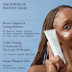 Image: Model holding a bottle of Dieux Instant Angel Firming Moisturizer on a light blue background.

Text: The Power of Instant Angel

Barrier Support & Lasting Moisture
2% Barrier Repair Complex, 2% Plant Ceramides (Meadowestolide), 4% Free Fatty Acid Complex

Visible Firming & Reduction In The Look Of Wrinkles
Two Powerful Signal Peptides

Instant Plump & Glow
Glycerin
3% Moisture Complex