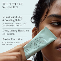 The Power of Skin Mercy benefits graphic with recovery cream tube and model