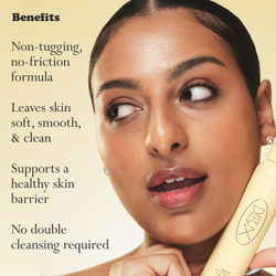 Ethereal benefits graphic with cleansing oil bottle and model