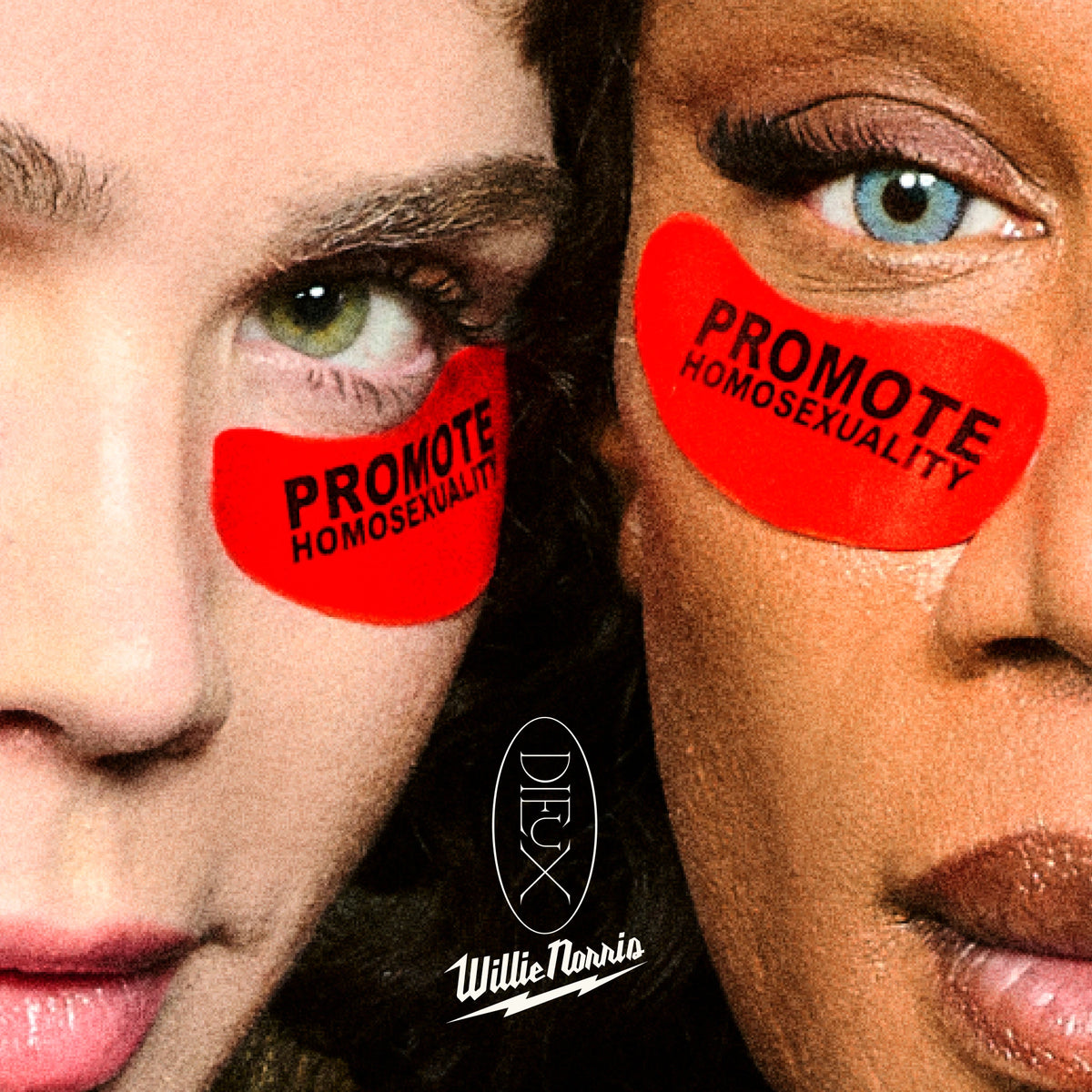 Models wearing the Dieux x Willie Norris "Promote Homosexuality" Forever Eye Mask under the eyes