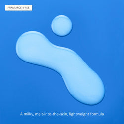 Deliverance texture graphic showing a milky lightweight serum on blue background