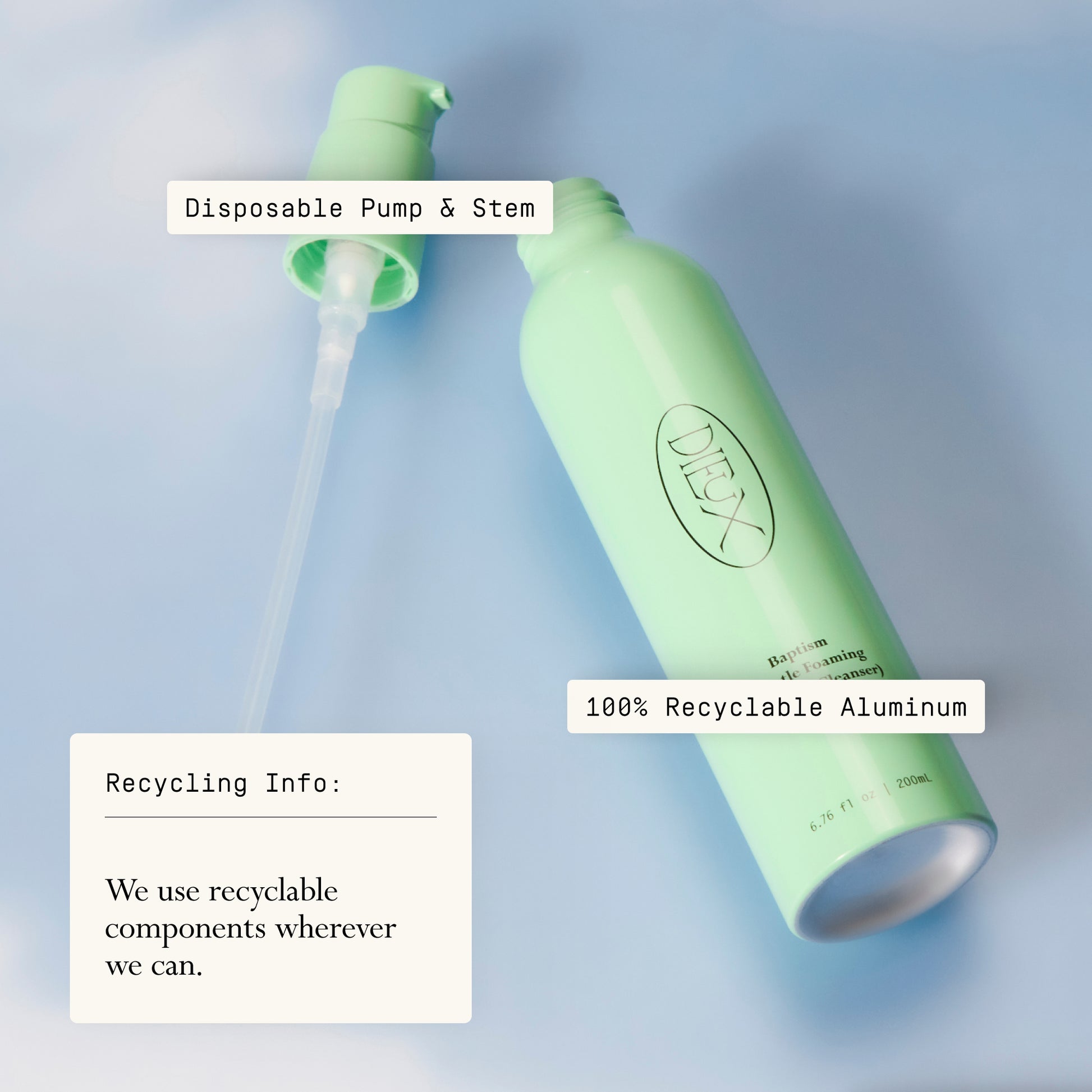 Baptism recycling graphic showing disposable pump and recyclable aluminum bottle