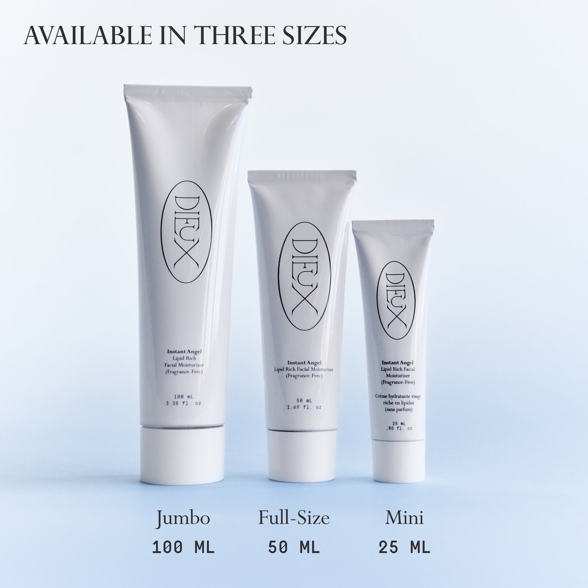 Instant Angel size guide showing jumbo, full-size, and mini tubes