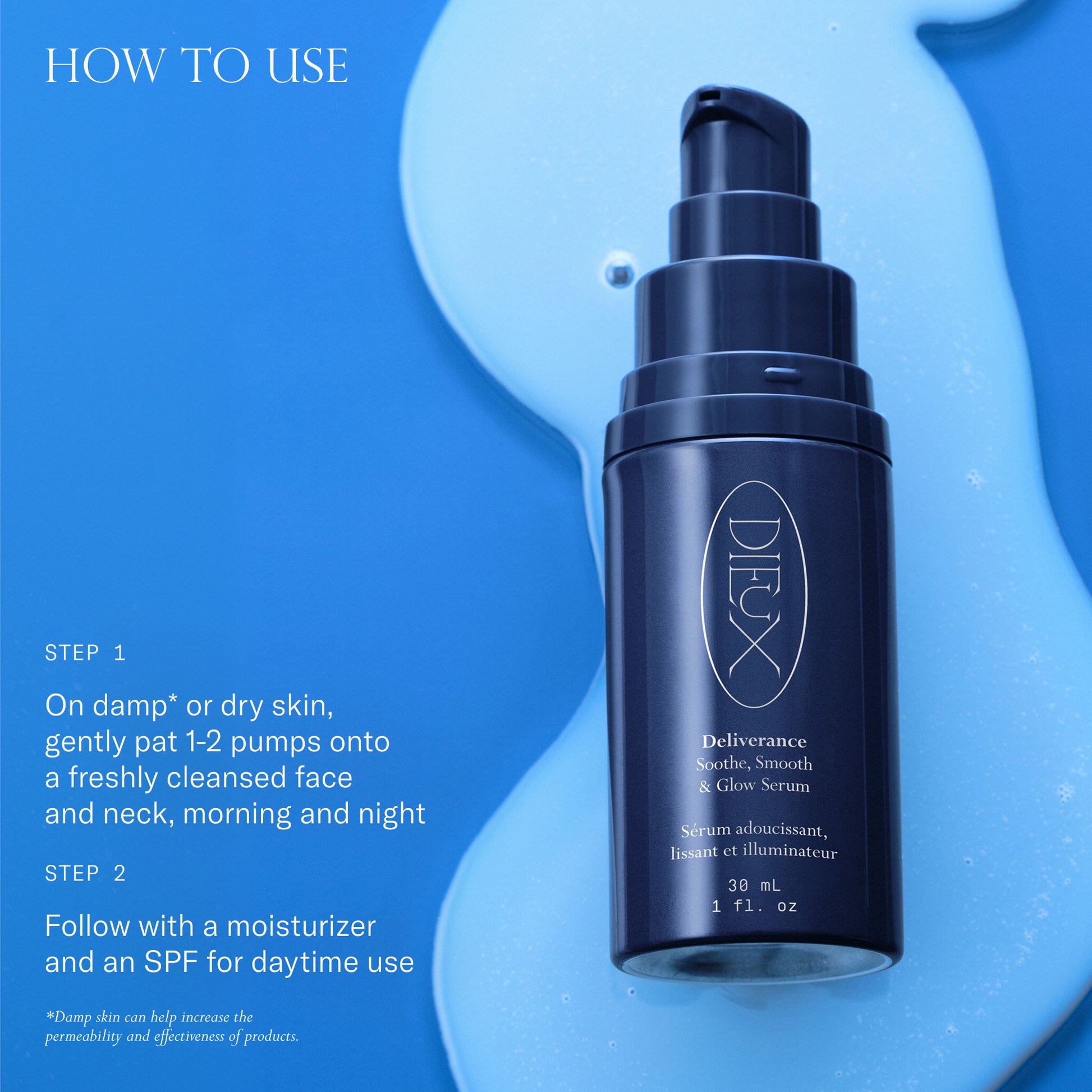 How to use Deliverance graphic with serum bottle and application directions