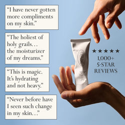 Image: Hands holding a bottle of Dieux Instant Angel Firming Moisturizer with 5 stars and the words "1,000+ 5-Star Reviews" next to it.

Text: Reviews in white boxes:
- "I have never gotten more compliments on my skin."
- "The holiest of holy grails... the moisturizer of my dreams."
- "This is magic. It's hydrating and not heavy."
- "Never before have I seen such change in my skin..."