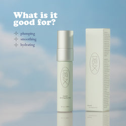 Image: Dieux Auracle Eye Serum next to its box on a blue and white cloud background.

Text: What is it good for? Plumping, smoothing, hydrating. 